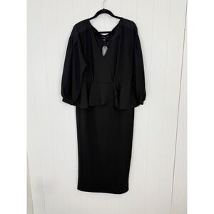 Buxom Couture Black Peplum Balloon Sleeve NWT Women 1X Midi Dress Wrap Plus Size